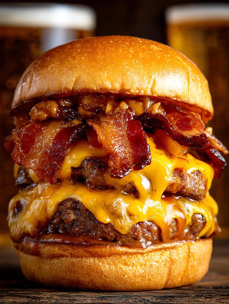 Juicy Double Bacon Cheeseburger with Melted Cheese and Beer in Background. photo