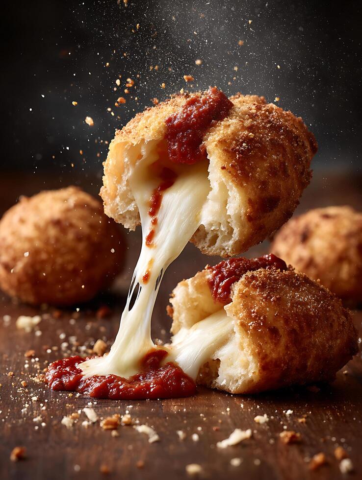 Delicious Cheese and Tomato Bread Bites with Melted Cheese Pulling Apart. photo