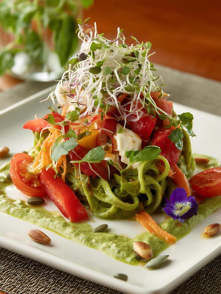 Delicious Green Pasta Salad with Fresh Vegetables and Sprouts. photo