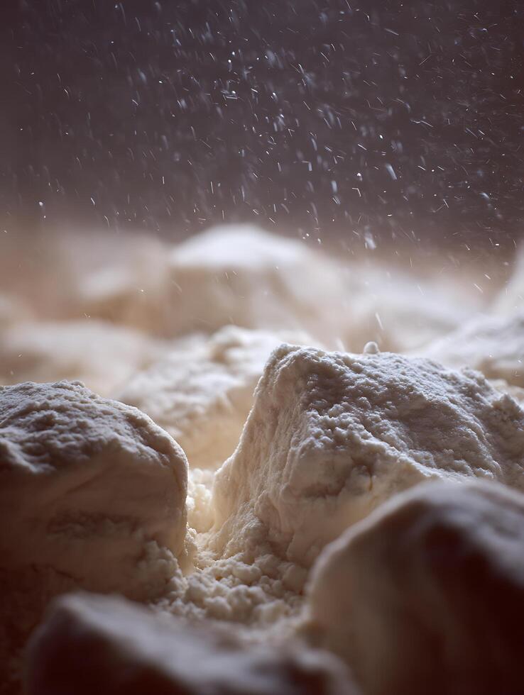 Close Up of Flour Dusting Dough Mounds, Abstract Food Photography. photo