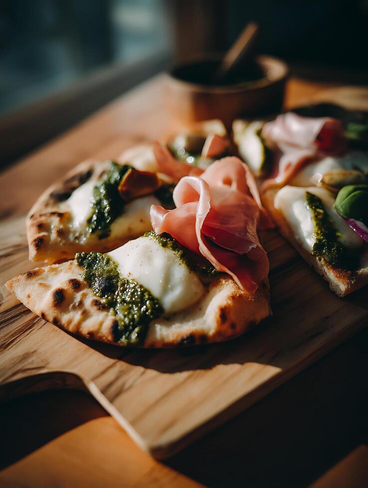 Close up of Delicious Prosciutto and Pesto Flatbread Pizza Slices. photo