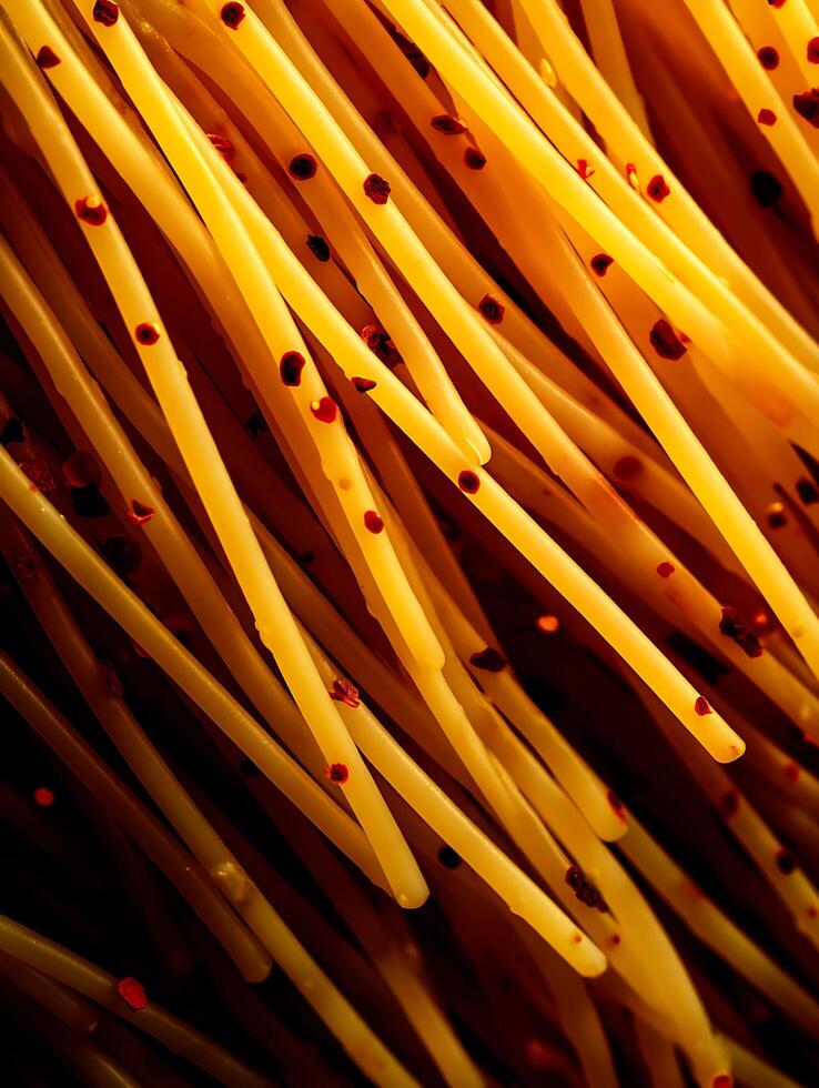 Close Up of Spaghetti with Red Pepper Flakes. A detailed image showcasing the texture and color of cooked pasta. photo