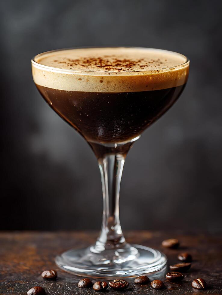 Espresso Martini Cocktail in Coupe Glass with Coffee Beans. A close up image of a delicious espresso martini garnished with coffee beans. photo