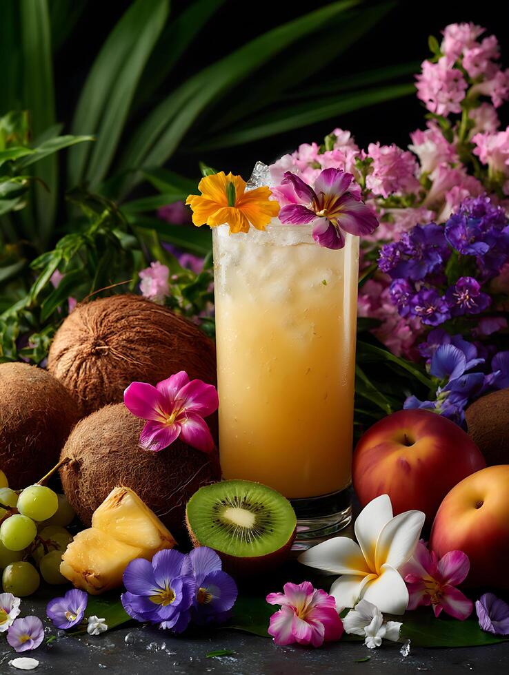 Refreshing Tropical Fruit Juice with Flowers and Coconut. A vibrant still life featuring a delicious cocktail garnished with exotic blooms. photo