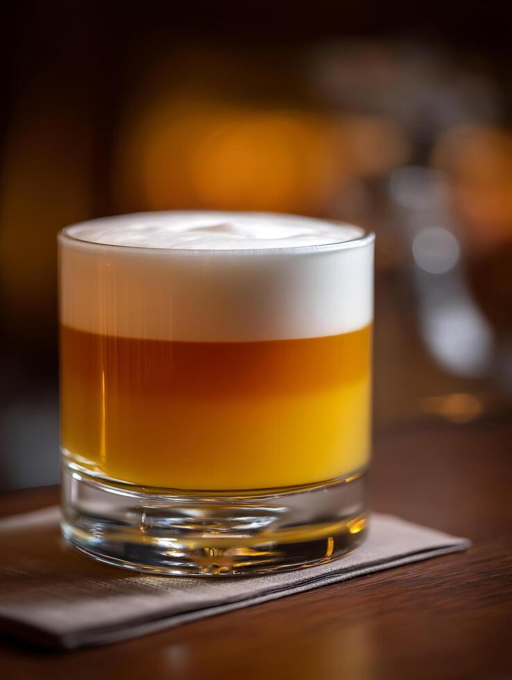 Close up of a Delicious Layered Cocktail in a Rocks Glass. photo