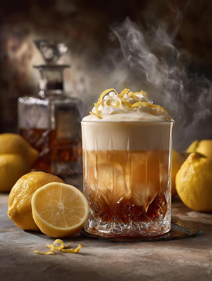 Steaming Cocktail with Whipped Cream and Lemon Zest in a Crystal Glass. A close up image perfect for drink menus and culinary publications. photo