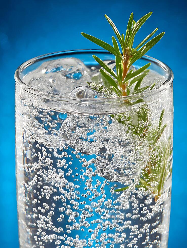 Sparkling Water with Rosemary Sprig in Glass. A close up image of refreshing carbonated water. photo