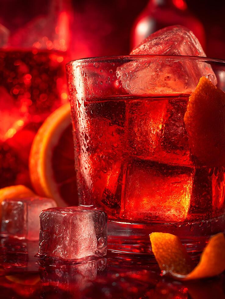 Close up of a refreshing red cocktail with ice cubes and orange zest. photo