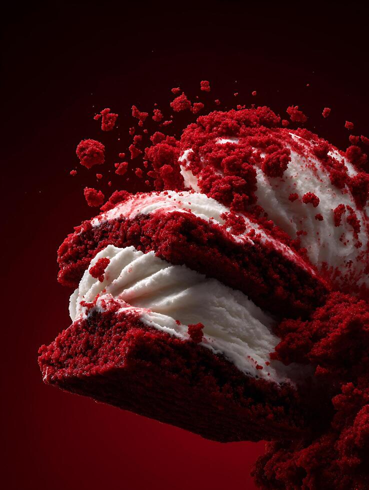 Red Velvet Cake Crumble A Close Up of Decadent Dessert in Motion. photo