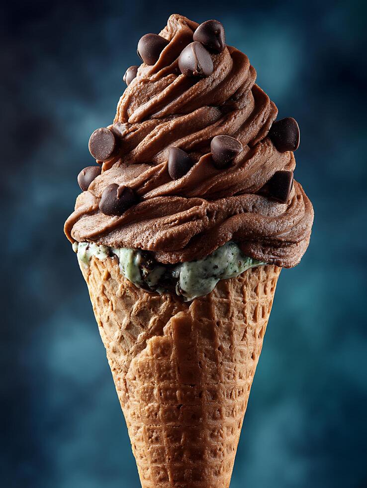 Delicious Chocolate Ice Cream Cone with Mint Ice Cream and Chocolate Chips. A close up image of a delectable ice cream treat. photo
