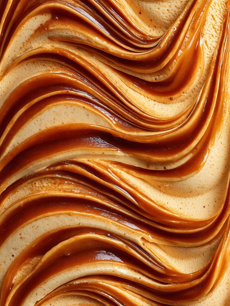 Swirled Caramel Ice Cream Texture A Close Up of Rich, Creamy Dessert. photo