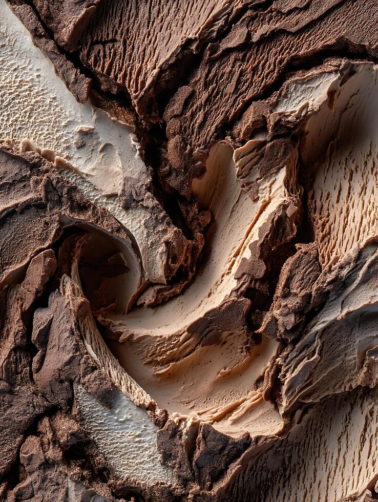Close Up of Creamy Chocolate and Vanilla Ice Cream Texture. A Detailed Image Showing the Swirls and Texture of Two Delicious Ice Cream Flavors. photo