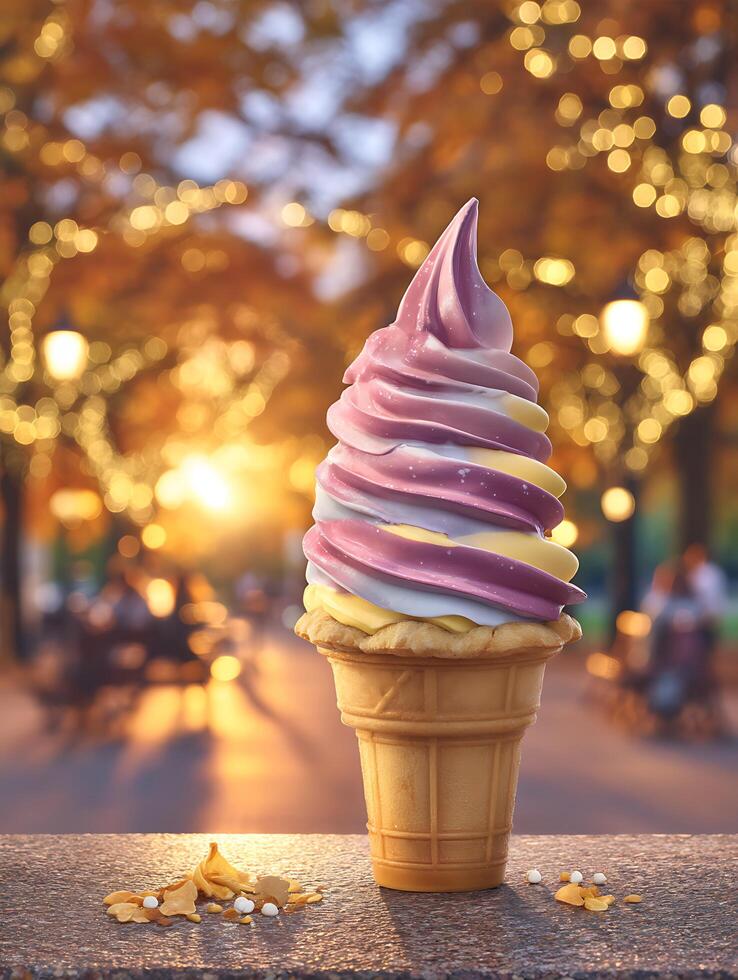 Delicious Swirl Ice Cream Cone at Sunset in a Park. Enjoy a sweet treat outdoors. photo