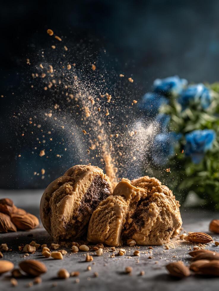 Delicious Almond and Coffee Ice Cream Scoops with Crumbs Exploding. photo