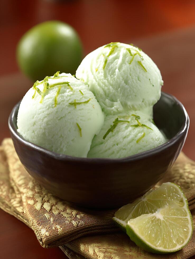 Refreshing Lime Ice Cream Scoops in a Dark Bowl. Close up of delicious lime sorbet with lime wedges. photo