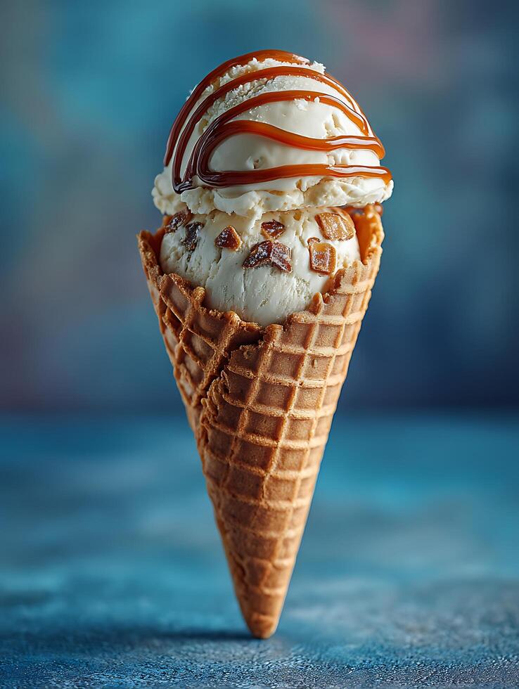Delicious Caramel and Vanilla Ice Cream Cone Close Up. A tempting image of a waffle cone filled with two scoops of vanilla ice cream, drizzled with caramel sauce. photo