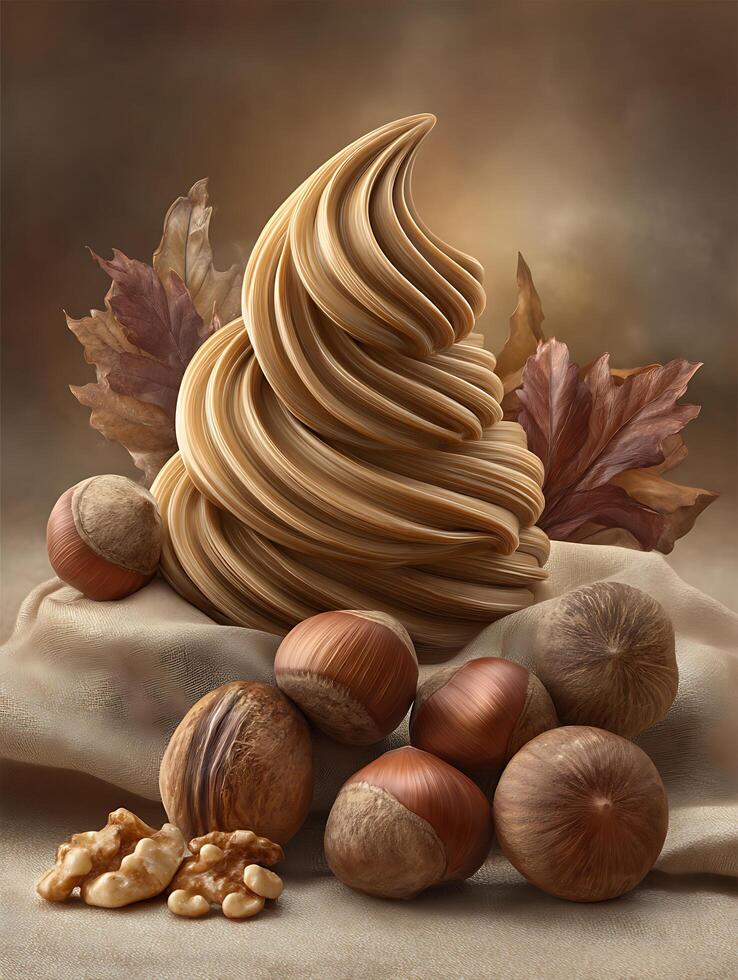 Creamy Hazelnut Swirl with Autumn Leaves and Nuts. A delicious autumnal still life composition. photo