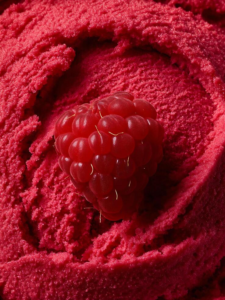 Close up of a raspberry on top of raspberry sorbet. photo