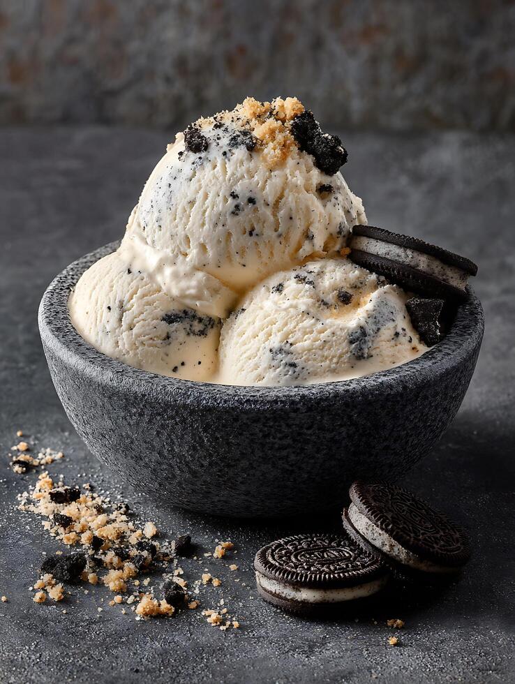 Delicious Cookies and Cream Ice Cream in a Stone Bowl. photo