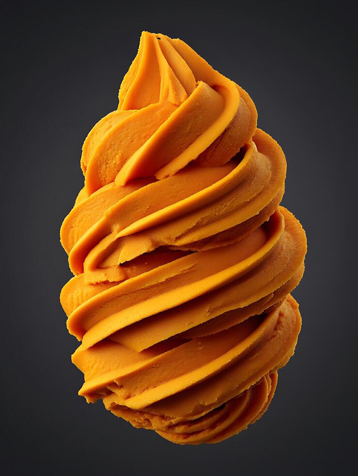 Swirled Orange Soft Serve Ice Cream Scoop Close Up. A delectable image of creamy orange ice cream, perfect for summer and dessert-related projects. photo