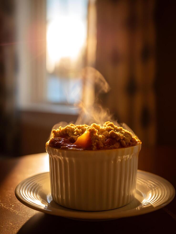Warm Golden Light Illuminates a Steaming Dish of Peach Cobbler. photo