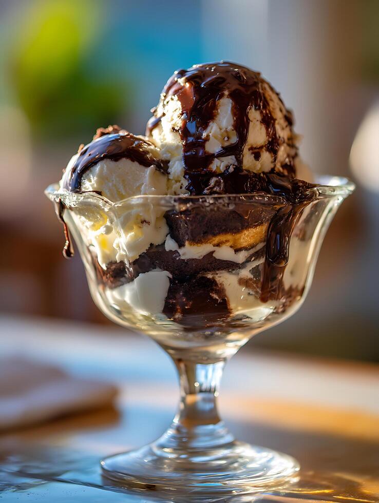 Delicious Ice Cream Sundae with Chocolate Sauce and Brownie Pieces in a Glass Bowl. photo