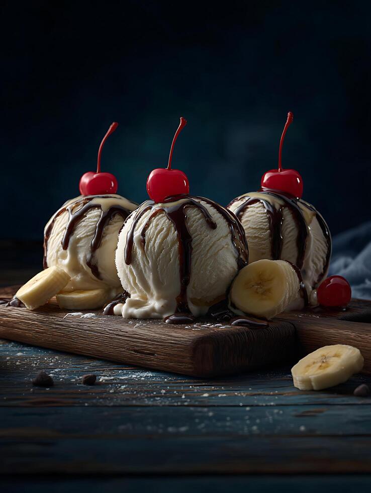 Three scoops of vanilla ice cream with chocolate syrup and cherries on a wooden board. photo