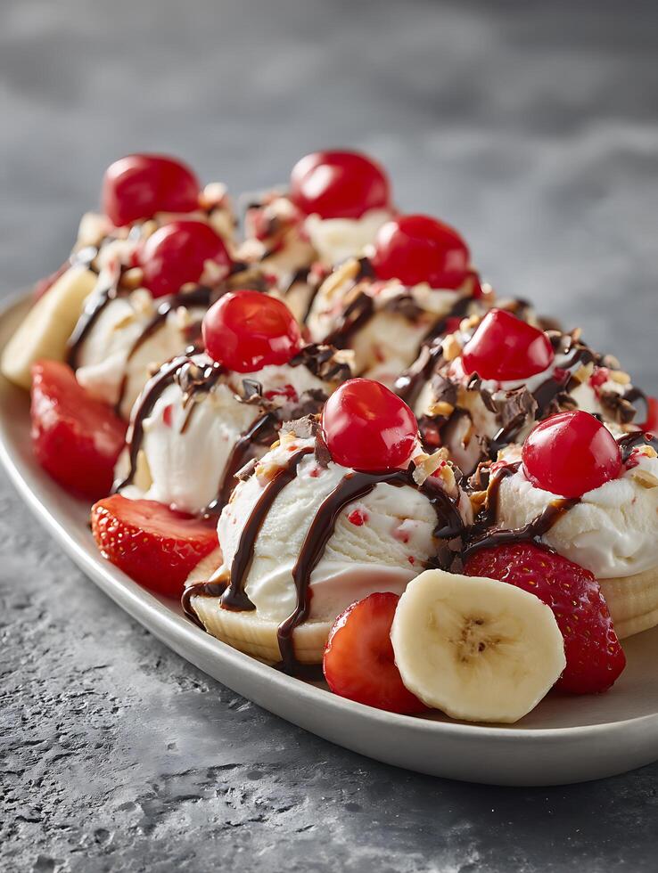 Delicious Banana Splits A Close Up of Classic Ice Cream Dessert. photo