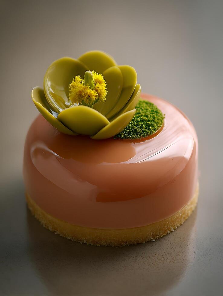 Elegant Pink Dessert with Glazed Flower Decoration. A close up shot of a sophisticated mousse cake. photo