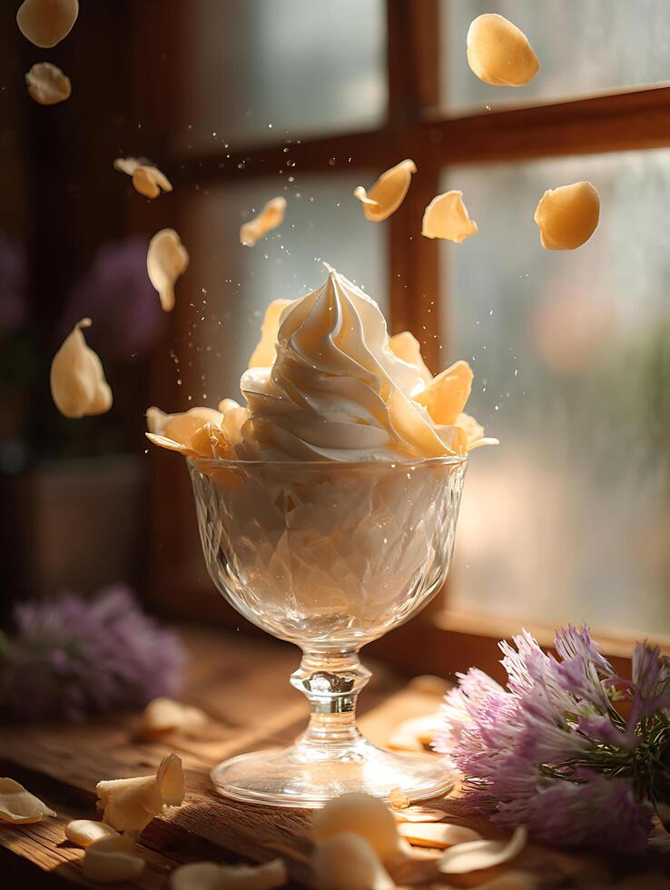 Whipped Cream Dessert with Falling Petals in Glass Bowl. A delectable close up of a creamy dessert with light airy texture and falling petals. photo