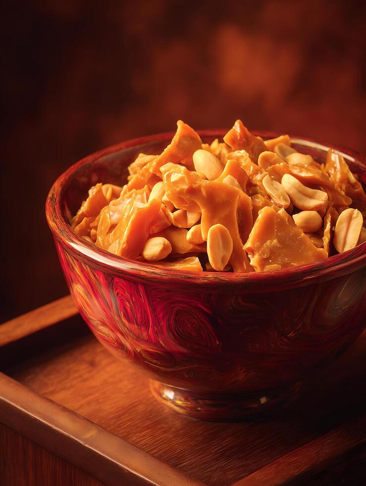 Delicious Caramel Candy with Peanuts in a Decorative Bowl. A close up shot of crunchy caramel candy and peanuts. photo