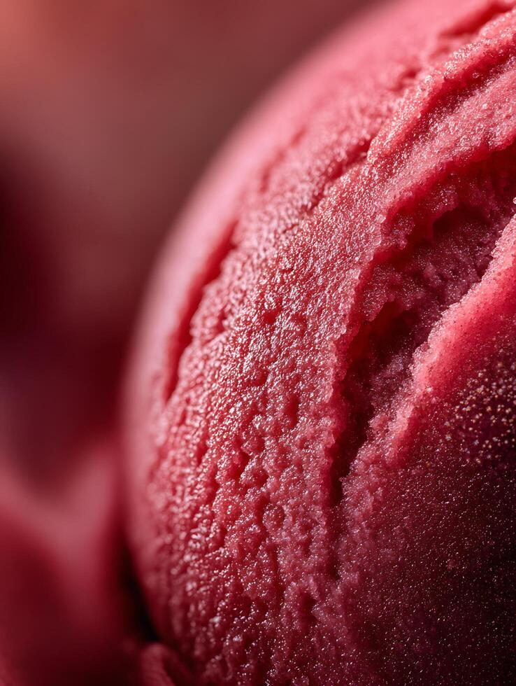 Close up of a scoop of red ice cream, textured surface. photo