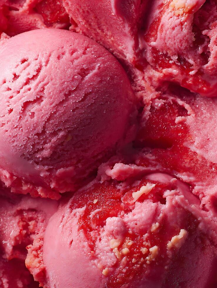 Close Up of Delicious Pink Strawberry Ice Cream Scoops. photo