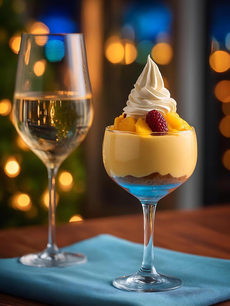 Delicious Mango Dessert with Whipped Cream and Raspberry in a Glass, Festive Background. photo