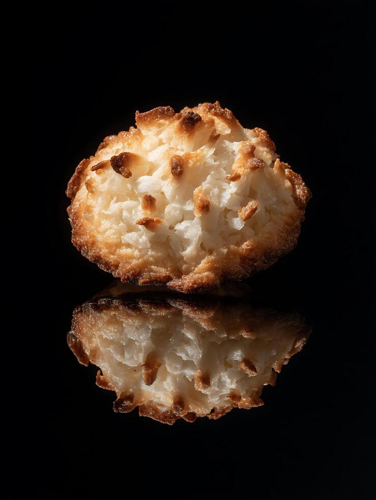 Close up of a Single Delicious Coconut Macaroon Cookie on Black Background. photo