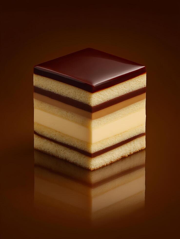 Layered Cake with Chocolate Glaze Close up of a delicious dessert. photo