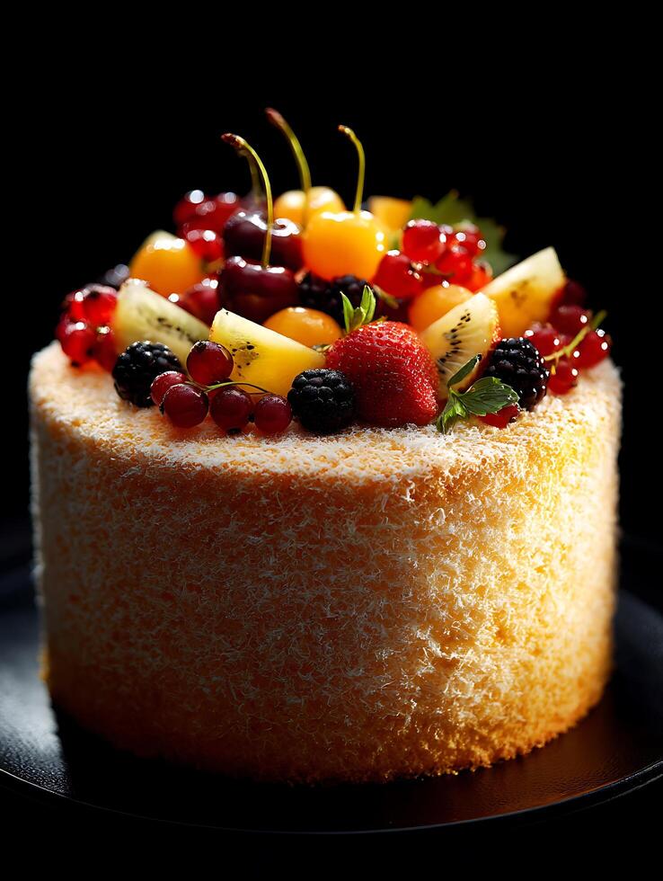 Delicious Fruit Cake with Fresh Berries and Kiwi Slices. A close up shot of a beautifully decorated cake. photo