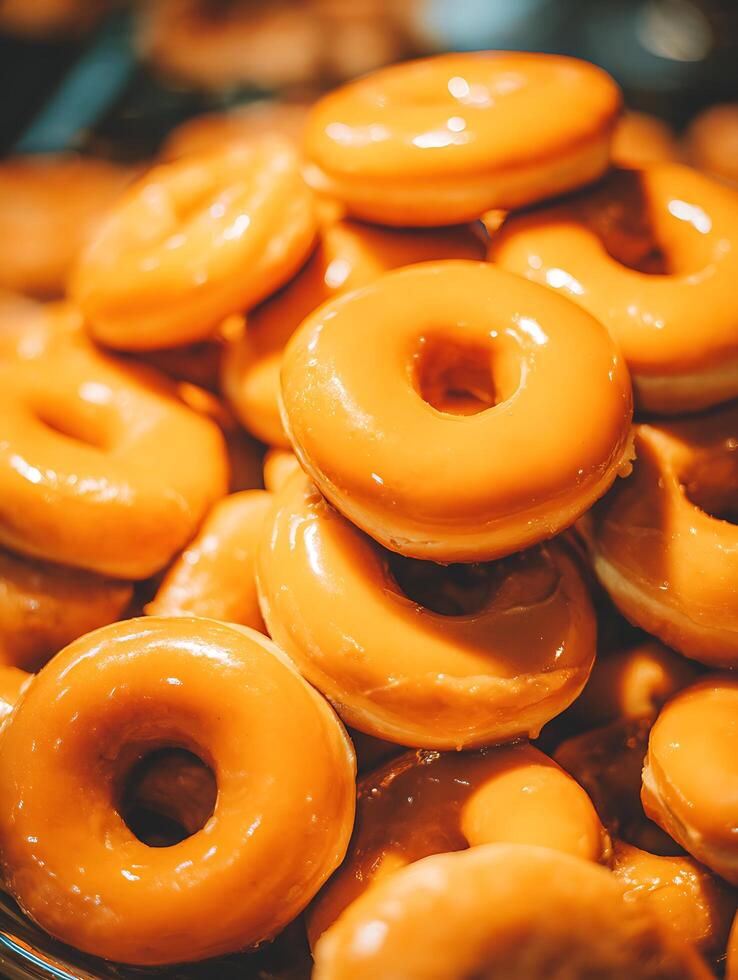 Close up of a Stack of Delicious Glazed Donuts. A tempting image perfect for food blogs, menus, or bakery websites. photo