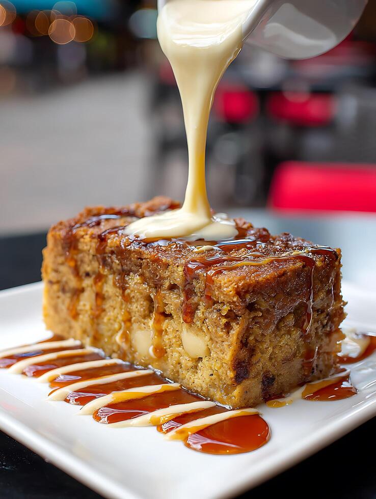 Delicious Bread Pudding with Caramel and Cream Sauce Close Up. photo