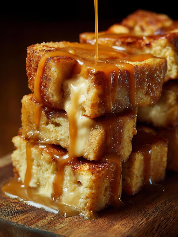 Caramel Sauce Drizzled Over Stack of Golden Brown Bread Pudding Cubes. photo