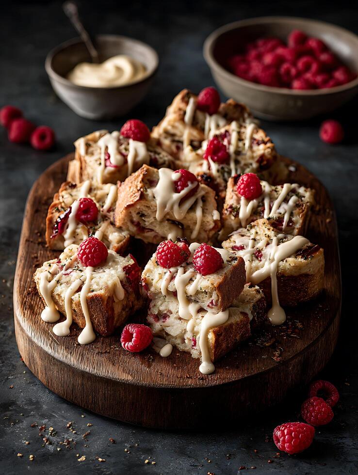 Delicious Raspberry and Cream Cheese Bread Pudding Close up of Gourmet Dessert. photo