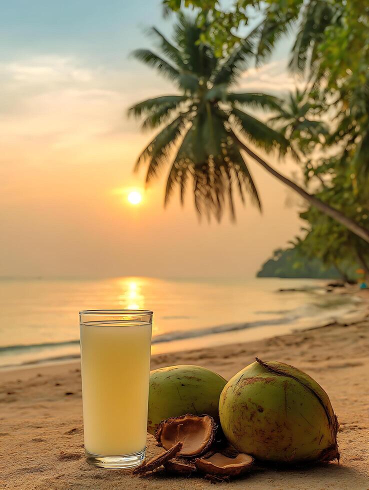 Tropical Sunset Refreshing Coconut Water on a Sandy Beach. photo