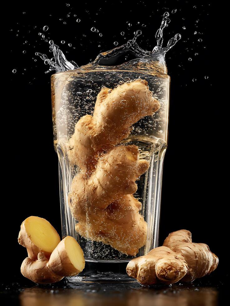 Refreshing Ginger in Sparkling Water A Close Up Image of Ginger Root in a Glass. photo