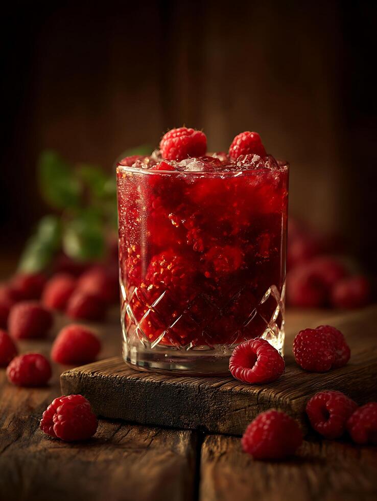 Refreshing Raspberry Drink in a Crystal Glass, Close Up. A delicious summer beverage perfect for hot days. photo