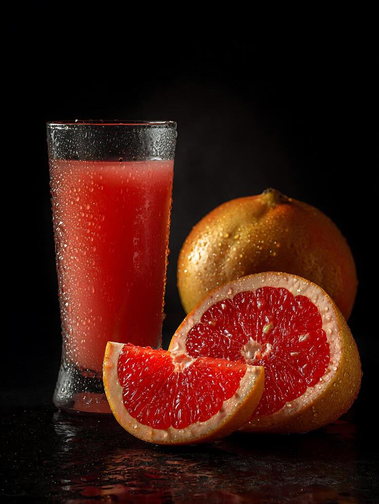 Refreshing Grapefruit Juice with Sliced Grapefruit on Dark Background. A close up image of a glass of chilled grapefruit juice and juicy grapefruit slices. photo