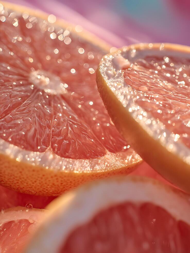 Close Up of Juicy Grapefruit Slices with Water Droplets. A vibrant image perfect for food blogs, magazines, or advertising. photo