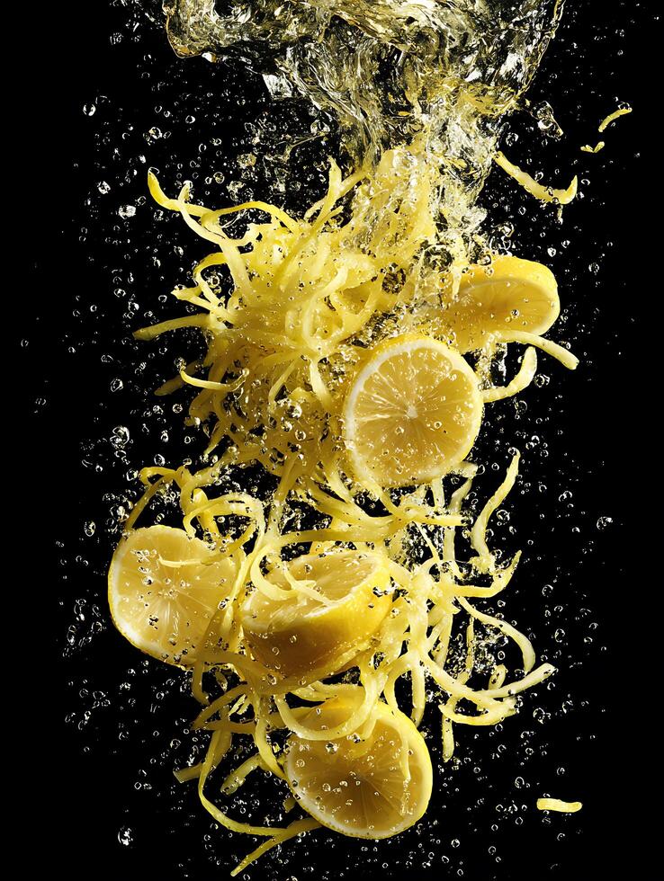 Fresh Lemon Slices and Zest Splashing in Water Against a Black Background. photo