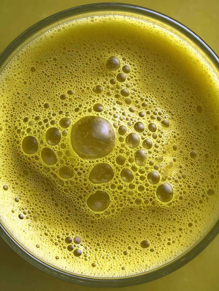 Close up of foamy yellow liquid in a glass, abstract bubbly texture. photo