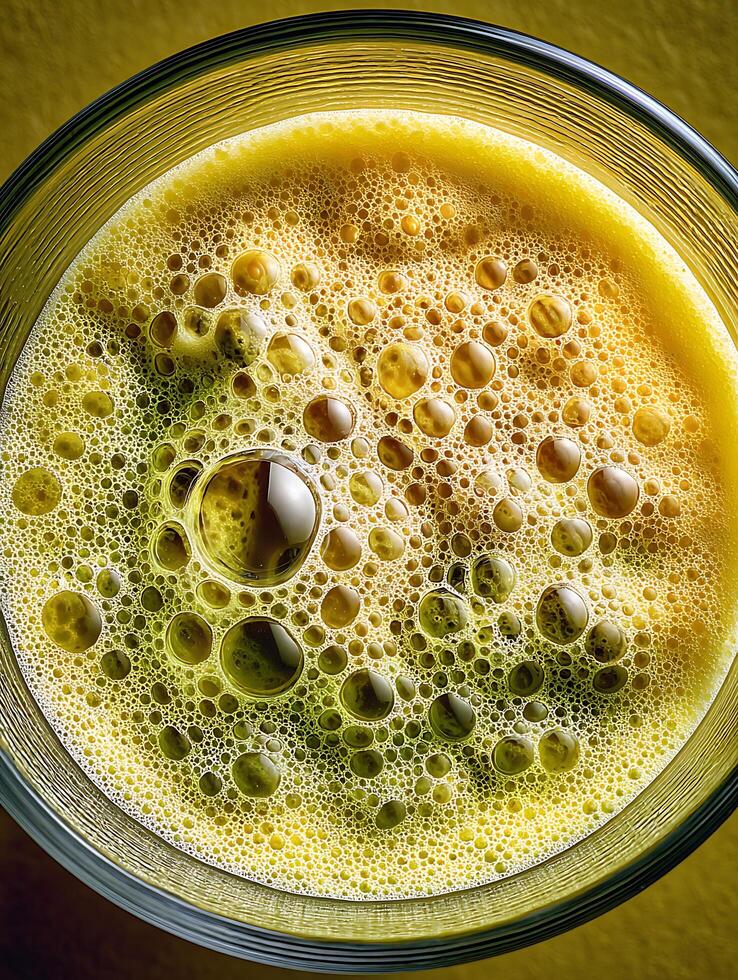 Close up of bubbly golden liquid in a glass. A detailed macro photograph of effervescence. photo