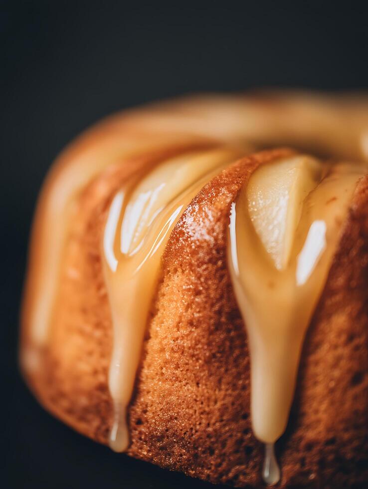 Close up of Delicious Pear Cake with Caramel Drizzle. photo